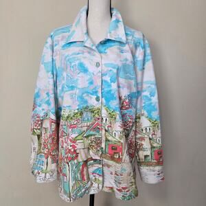 CJ Banks 2X Artsy Vibrant City Scene Long Sleeve Jacket Stretch Denim